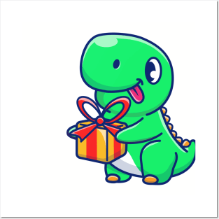 Cute Dinosaur Holding Gift Cartoon Posters and Art